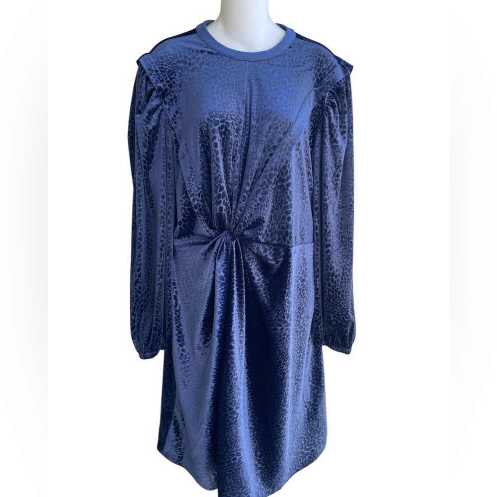 Ryegrass Blue Velvet Dress Leopard Print Long Sleeve Knot Detail Large NWT
